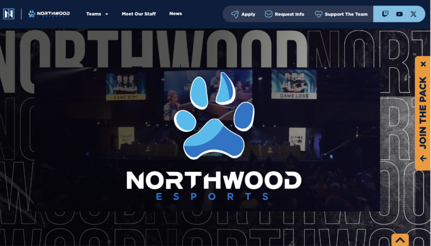 Northwood Esports logo with a blue paw print on a website banner. Multiple screens in the background display gaming content.